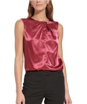 Calvin Klein Women's Satin Pleated Blouse in Cranberry Red